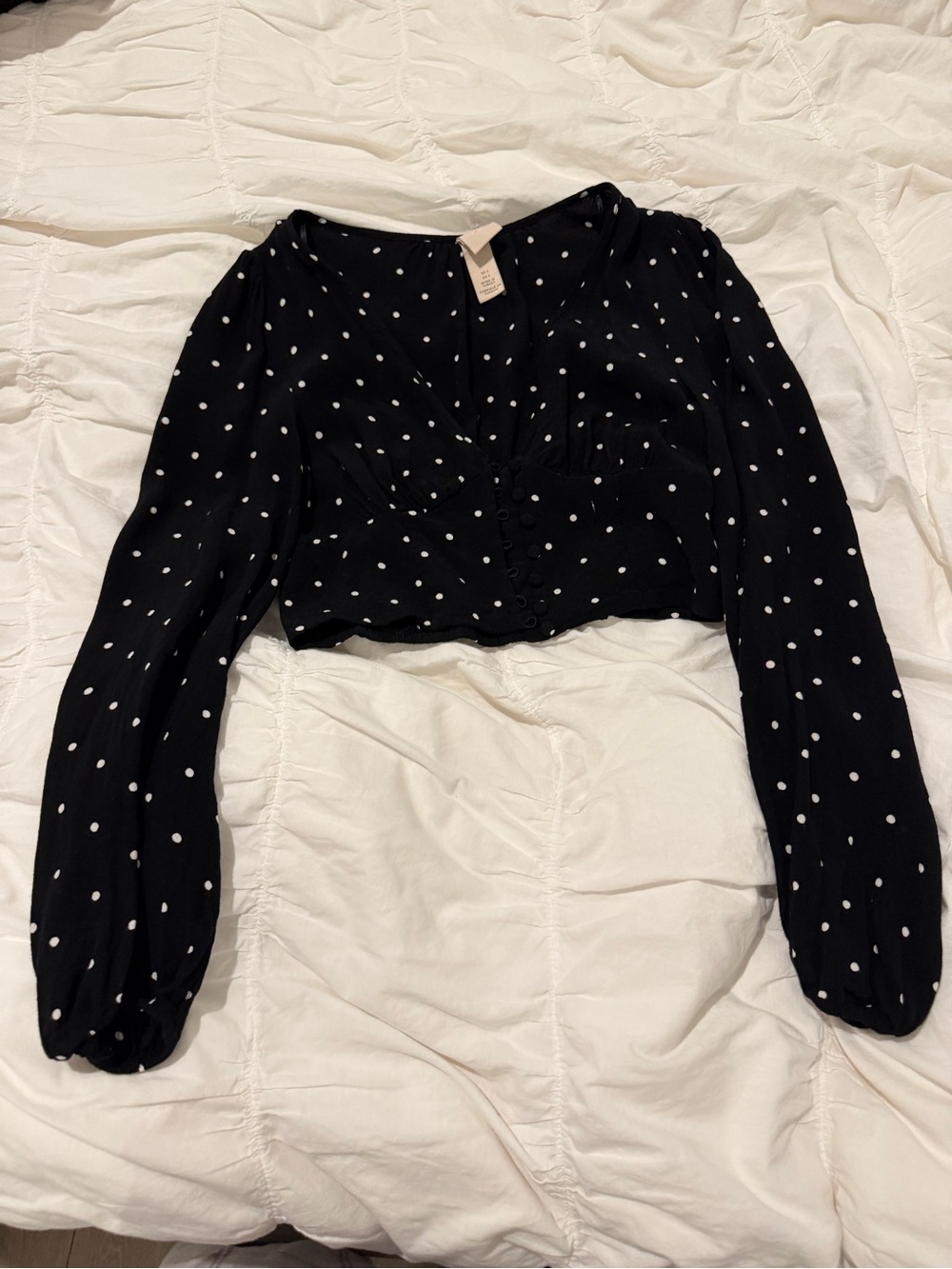 H&M Black Polka Dot Button-Front Crop Deep V Blouse